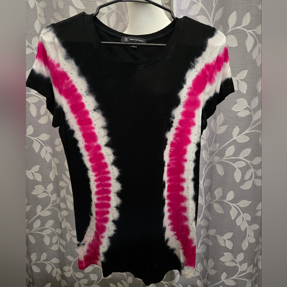 INC International Concepts Black and Pink Tie-Dye Short Sleeve Tee